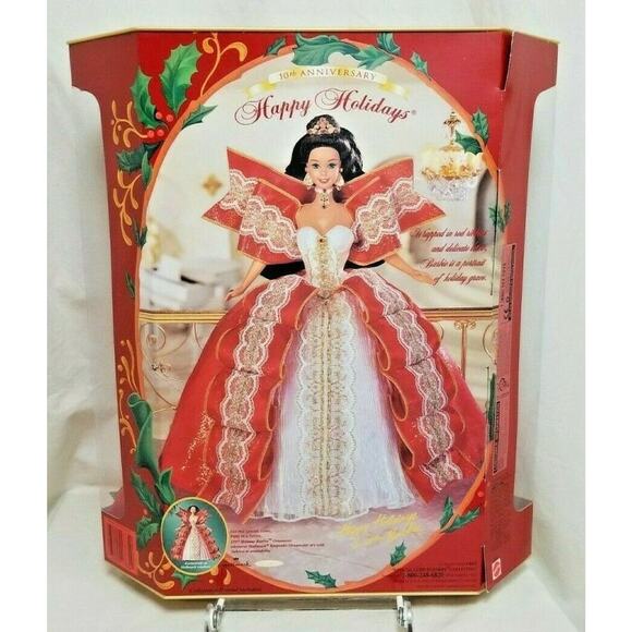 Vintage 97 Happy Holiday Barbie SPECIAL EDITION 17832 Red Gold Lace Bow Brunette - Picture 8 of 12